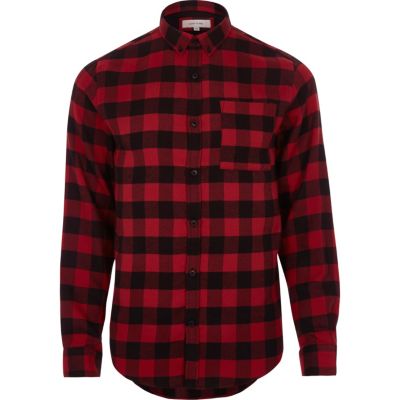 Red casual buffalo check flannel shirt